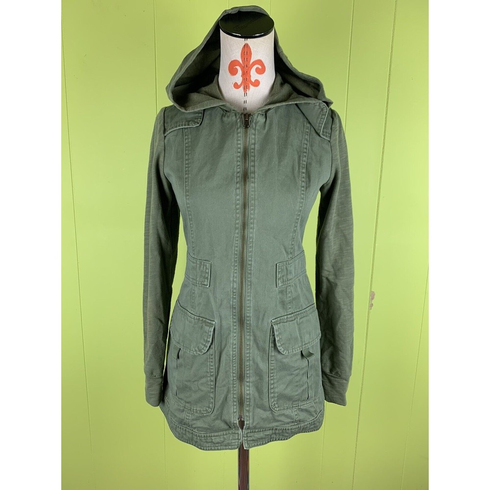 True Craft Women's Olive Green Military Jacket Hood Pockets Zipper Sz XS